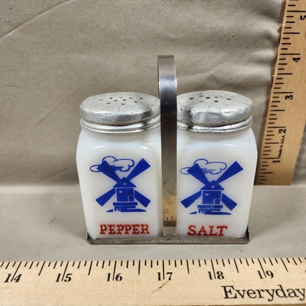 Vintage Mckee Milk Glass Dutch Windwill Salt/Pepper Set w/Metal Lids/Carrier